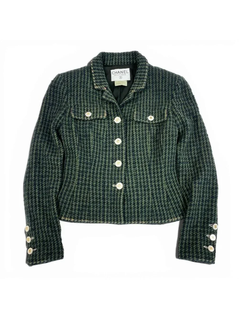 Chanel Collection CC Logo Button Tweed Short Jacket 40 Dark Green
